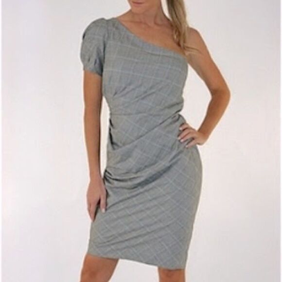 NWT Etsu Gray Plaid One Shoulder Dress 6 - Picture 1 of 8